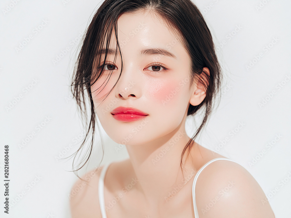 Naklejka premium 美容, 女性, スキンケア, 化粧品, ビューティー, 若い女性, 美肌, 日本人, アジア人, フェイシャル, メイク, 美容液, 保湿, クリーム, エイジングケア, 美容医療, エステ, 美容クリニック, 肌ケア, ナチュラルメイク, 透明感, ツヤ肌, モデル, 笑顔, ポートレート, クローズアップ, リラックス, 癒し, 健康的, 美白, コラーゲン, ヒアルロン酸, アンチエイジング