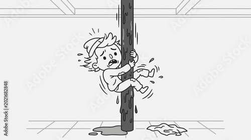 Bild auf Leinwand Baby climbing up a wooden pole.