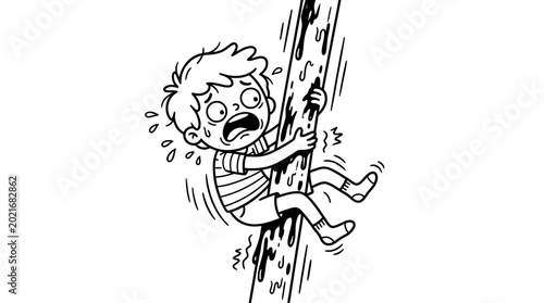 Photos Boy climbing up a steep wall.