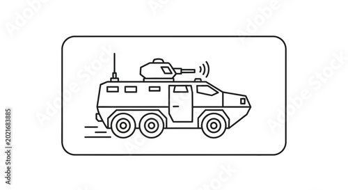 Armored Military Vehicle with Turret and Antenna, Line Art Icon