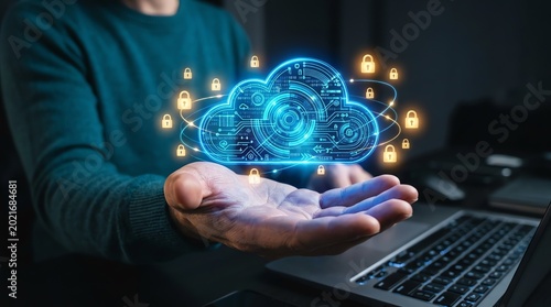 Digital cloud data security concept with glowing icons of locks and circuits presented on an open palm