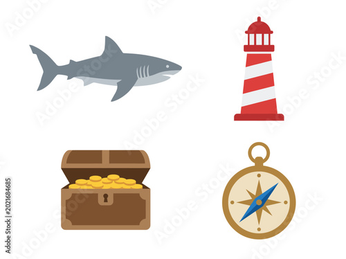 Canvas Print An engaging illustration showcasing marine elements such as a shark, lighthouse, treasure chest, and compass, evoking maritime adventures and the allure of ocean exploration