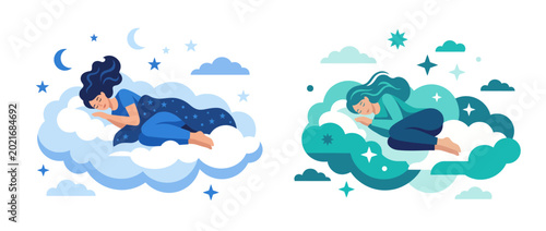 Quadro em tela A calming illustration of two women peacefully sleeping on soft clouds, embodying tranquility and the peacefulness of dreams, with a soothing color palette that evokes relaxation