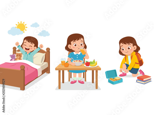 Konstfotografi A cheerful illustration depicting a child's morning routine with waking up, having breakfast, and preparing for school, capturing the essence of childhood and family life