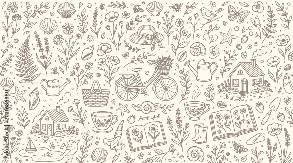Obraz premium Charming Hand-Drawn Illustration of a Whimsical Garden Scene with Bicycle, Cottages, and Floral Elements.