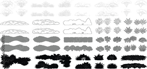 Versatile set of plant and bush silhouettes for landscape planning, architectural visualization, and graphic design, offering diverse greenery shapes and detailed foliage elements