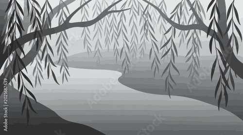 фотографія Willow tree branches hanging over water.