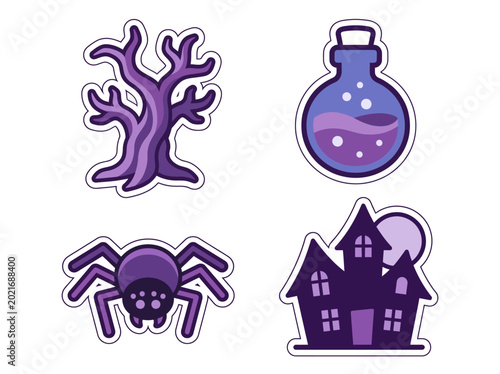 Photos This fun collection features spooky purple icons including a tree, potion bottle, spider, and haunted house, great for Halloween-themed designs and decorations