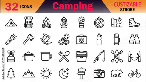 Φωτογραφία Camping icons set with 32 customizable stroke illustrations