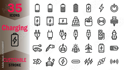 Bild auf Leinwand Charging icons set 35 customizable battery and power symbols