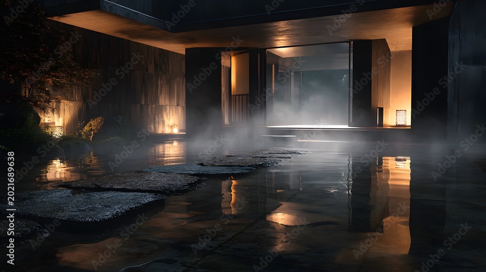 Obraz premium 霧と湯気に包まれた高級和モダン温泉邸宅 Luxury Japanese modern onsen courtyard with mist and warm lighting at night