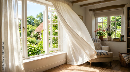 Open window with white flowing curtains and sunlight on a summer morning