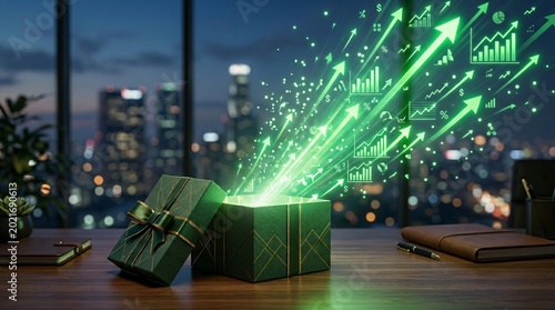 Glowing green financial growth arrows bursting from gift box, stock market success and profit concept, business investment rewards in office setting