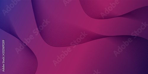 Abstract purple and magenta gradient background with flowing wave lines and 3D layered shapes. Futuristic technology concept
