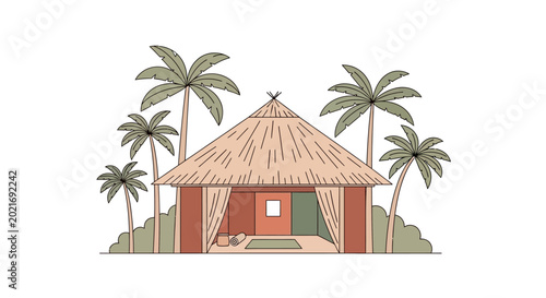 Tableau sur toile Tropical hut with palm trees nearby.