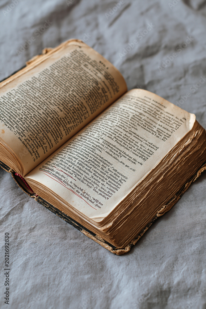 Fototapeta premium Antique Open Book with Faded Typography: Dive into History and Literature