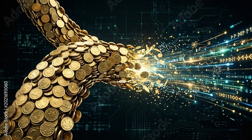 Golden coins flowing into digital data stream, cryptocurrency financial technology concept, abstract money transfer in high tech circuit background