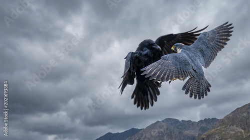 Quadro su tela Peregrine falcon vs raven in sky battle, aerial predator confrontation, copy spa