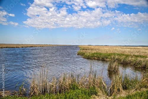 View of open water beneath a partly cloudy blue sky on a spring day in the wildlife refuge at Horicon Marsh, near Horicon, Wisconsin.