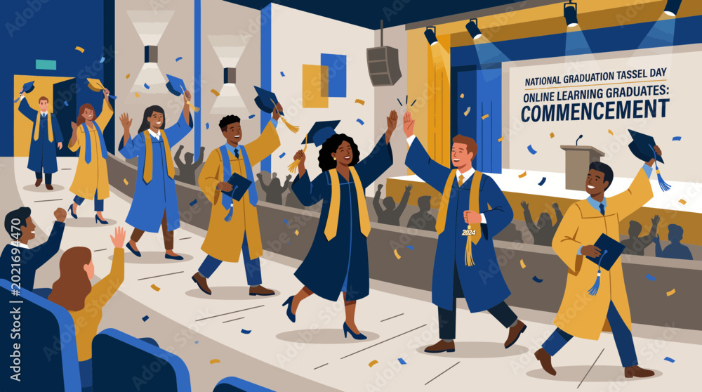Obraz premium Diverse Students Celebrating Online Learning Graduation Ceremony