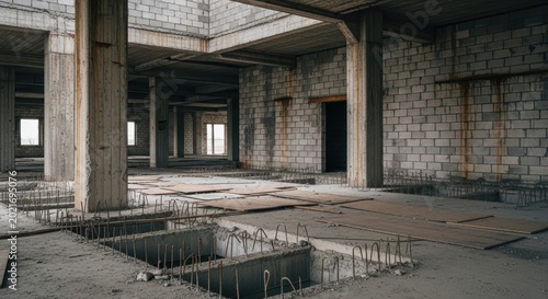 construction building interior under development with concrete pillars and slabs