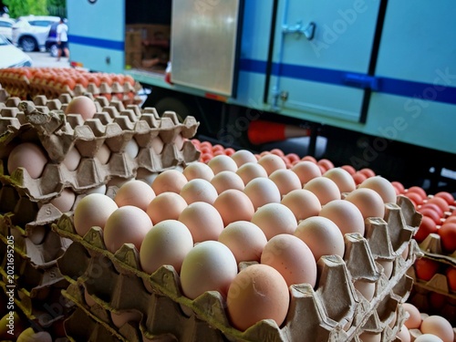 Photos Delivery truck unloading eggs at a market