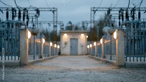 Electric Power Station Scene: A symmetrical view of an electric power station at dusk, with evenly spaced lights illuminating the path towards a small building.