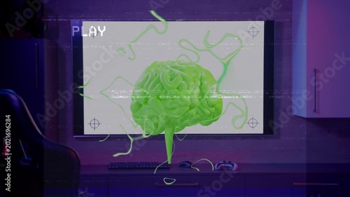Neon green stylized brain appearing triggers rotating, bobbing and tendrils waving for mood