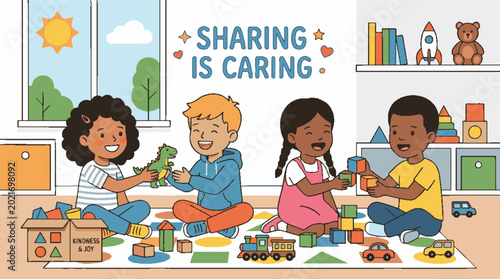 Diverse group of happy children playing with toys together on a rug.