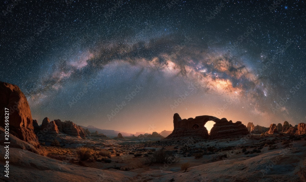 Obraz premium Night sky filled with stars and Milky Way above desert landscape