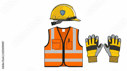 Set of construction safety equipment including a hard hat vest and work gloves.