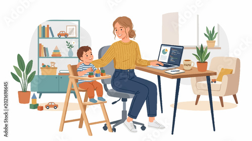Working mother sitting at her desk with a baby in a high chair.