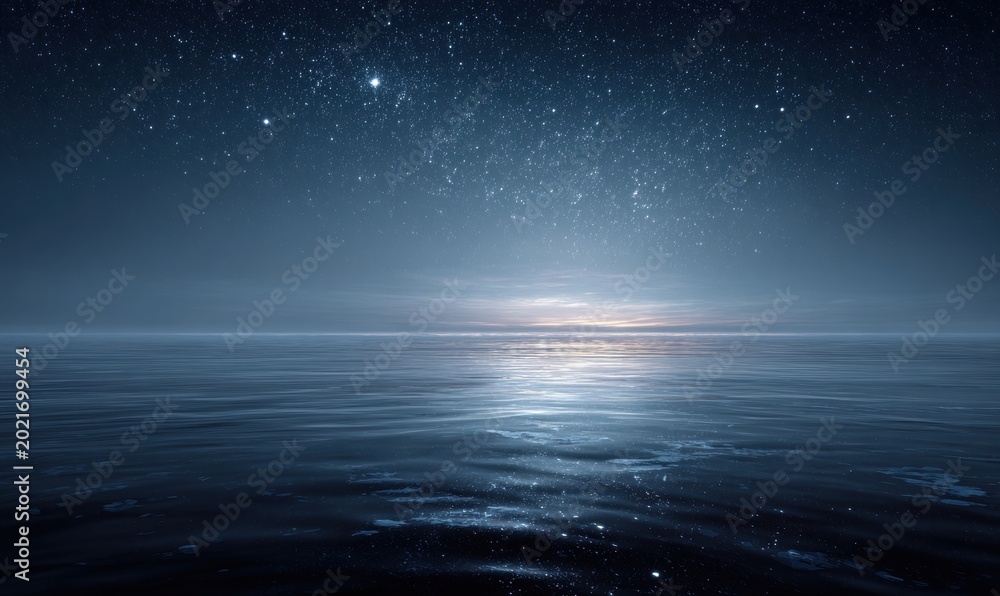 Fototapeta premium Ocean meets starry night sky, reflecting celestial glow