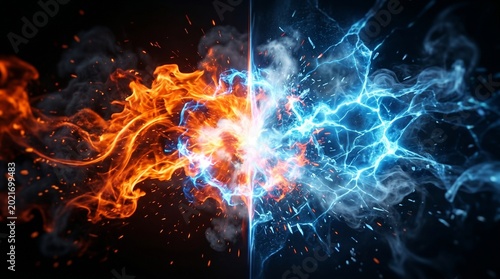 Vászonkép An illustration featuring a vertical flame frame effect where blue and orange flames collide