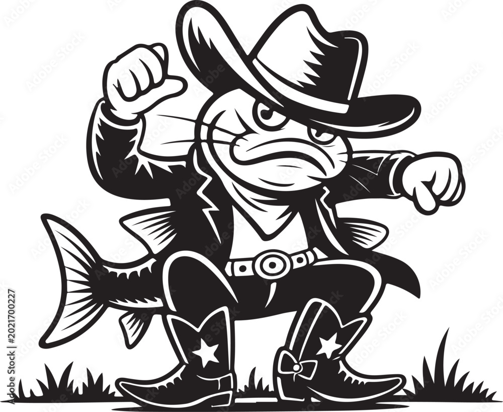 Fototapeta premium Angry catfish cowboy character wearing a hat and boots, black and white