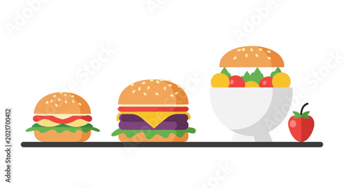 Minimalist flat illustration of burgers salad bowl and apple