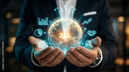 Global business growth and digital transformation concept with interconnected people, charts, and data
