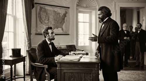 Abraham Lincoln and Frederick Douglass in discussion.