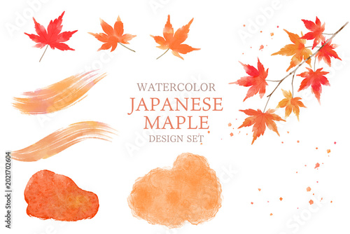 Watercolor Japanese Maple Design Element Set with Brush Strokes and Autumn Decorations