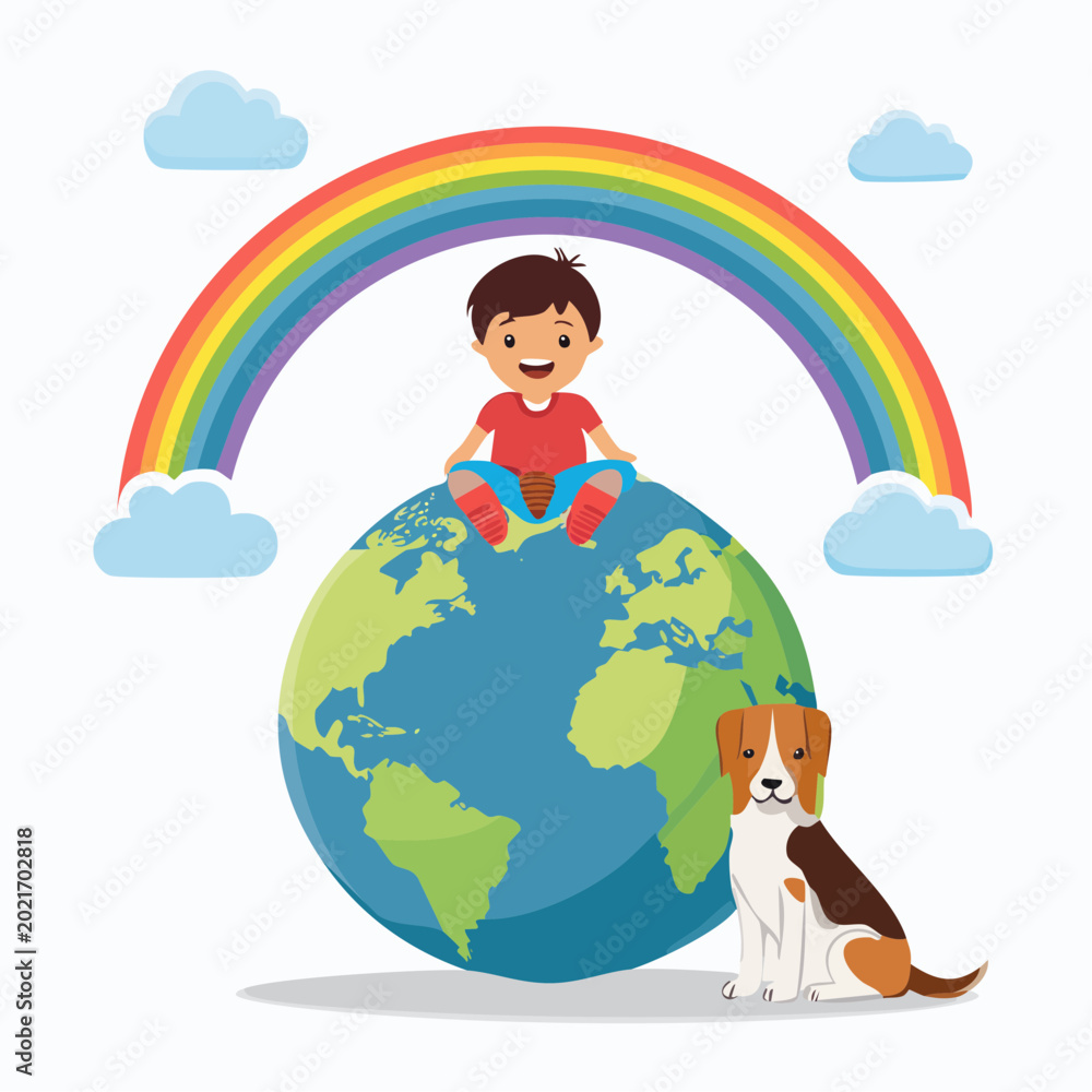 Fototapeta premium Boy and Dog on Earth Under Rainbow