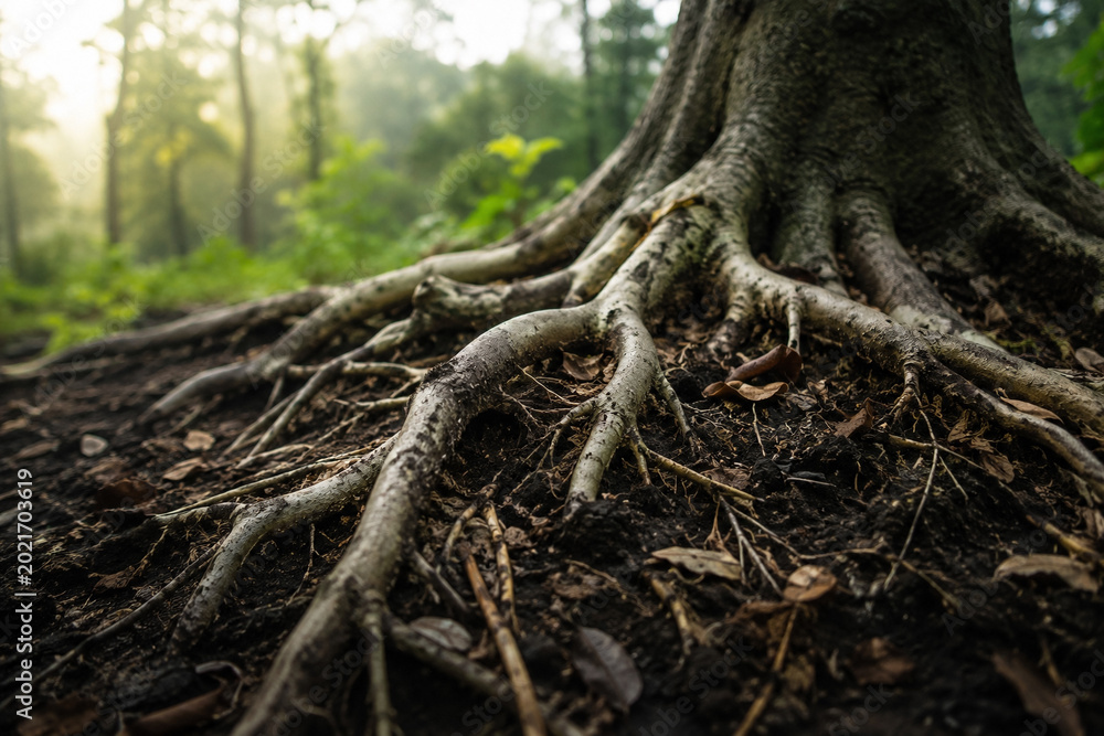 Fototapeta premium AI generated exposed tree roots spreading through dark forest soil with natural sunlight earthy texture and deep woodland atmosphere
