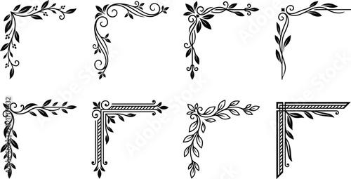 Canvastavla Elegant vintage black line art floral corner borders set with decorative botanic