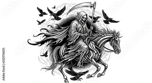 Картината върху платно Grim Reaper Riding Dark Horse.