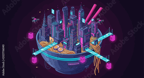 Tableau sur toile Colorful illustration of noodle bowl.