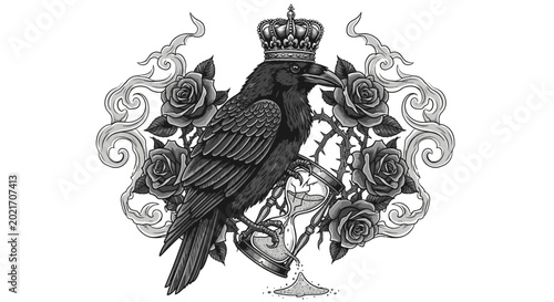 Schilderij op canvas Black bird with crown on head.