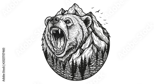 Fotografie Fierce grizzly bear head portrait roaring.