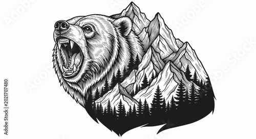 Foto Furry Grizzly Bear Open Mouth Roaring.