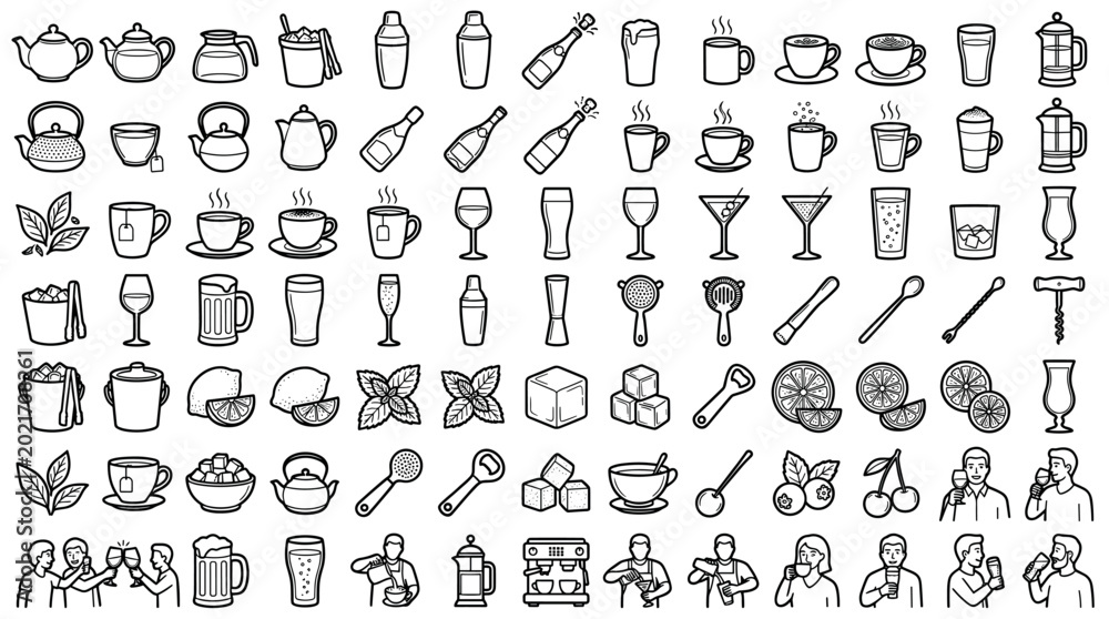 Naklejka premium Beverage and bar equipment icon set with teapots, coffee cups, cocktail shakers, wine glasses, and multiple drink ingredients