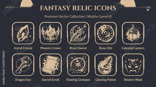 Foto Fantasy Relic Icon Set with Astral Crystal, Phoenix Crown, Dragon Key and Scroll