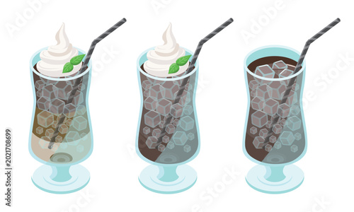 Foto コーヒーフロートとアイスコーヒーの3点セットイラスト